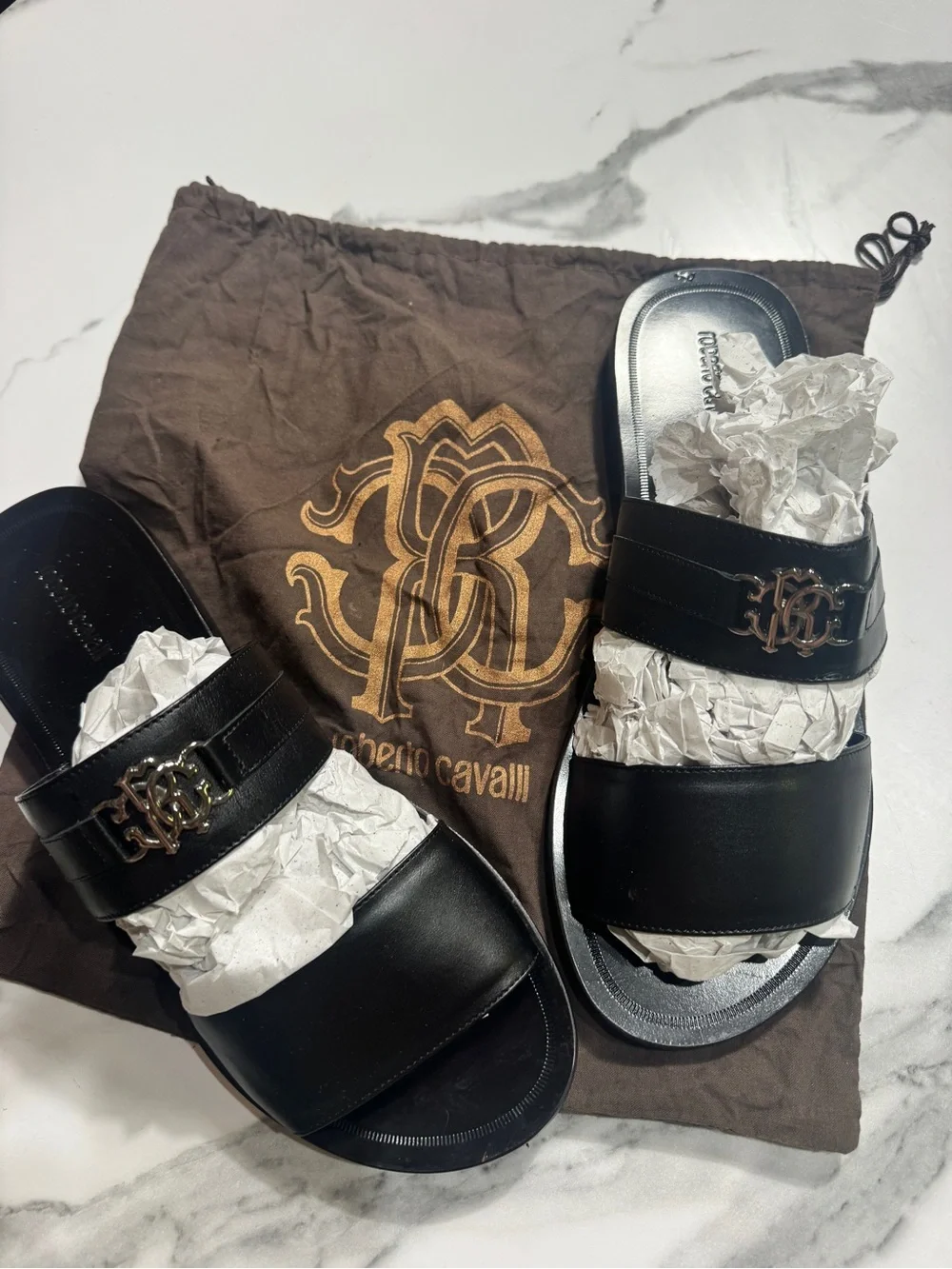 Roberto Cavalli Black Leather Slide Sandals with Metal Logo Accent